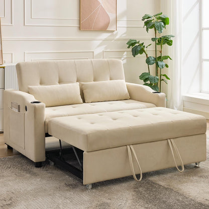 Beige 3-in-1 Convertible Sleeper Sofa Bed with Pull-Out Bed Corduroy Futon with Adjustable Backrest