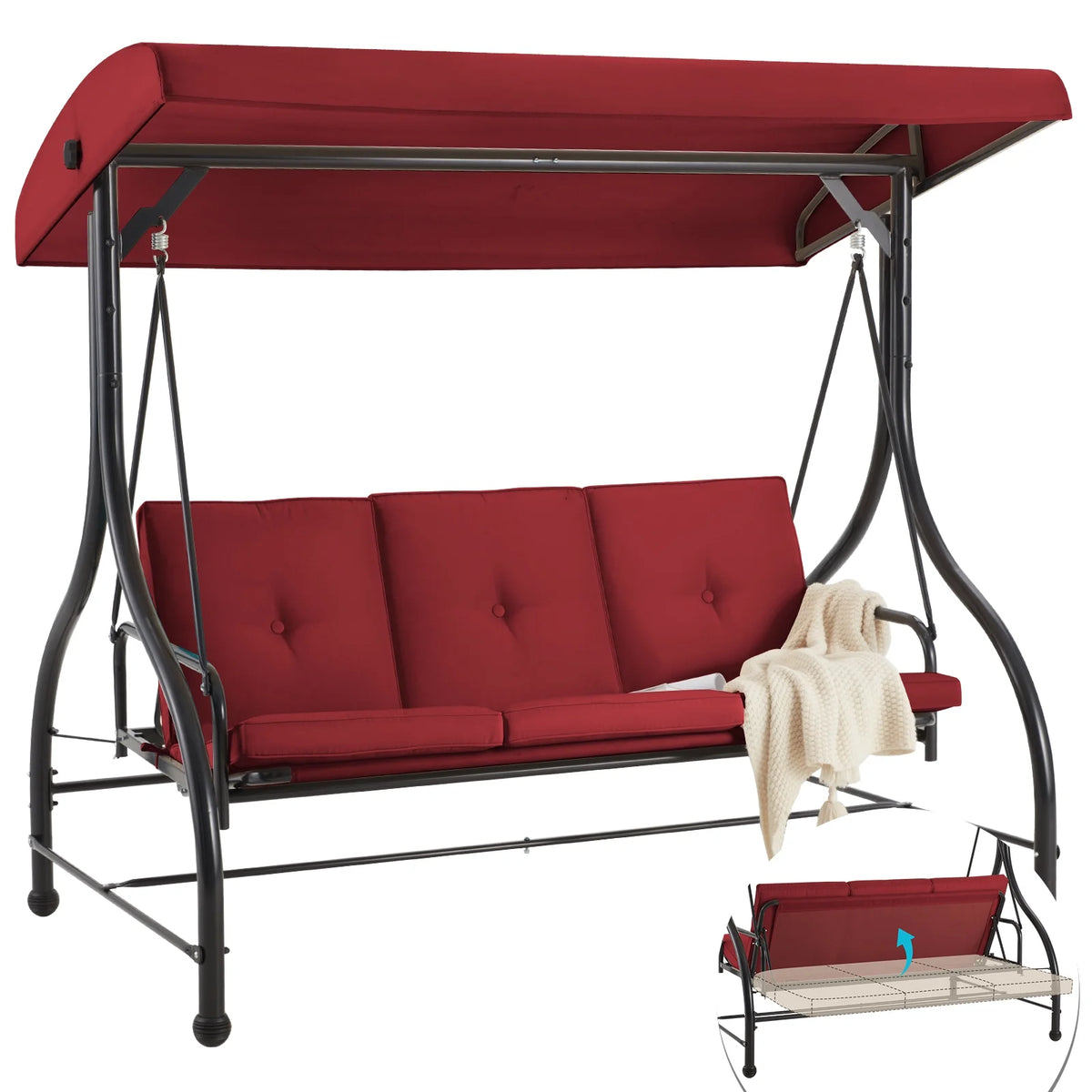 AECOJOY 3 Person Canopy Steel Porch Swing, Converting Swing Glider Hammock-Beige