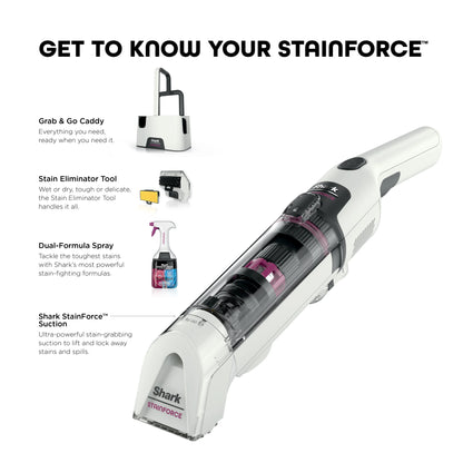 Shark StainForce Cordless Portable Spot, Stain, & Odor Remover System for Carpets, Area Rugs, Upholstery, Stairs, Cars, with Storage Caddy, and Full-Size Cleaning Solution, White, HX100