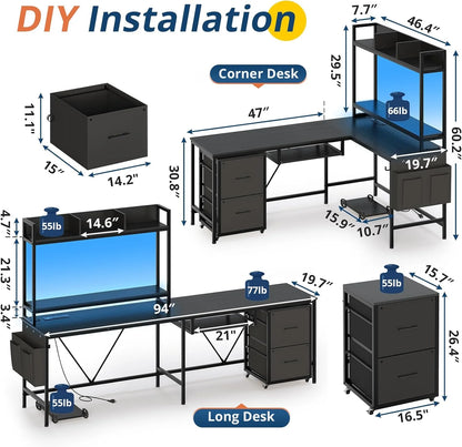 L Shaped Computer Desk with Power Outlet and LED Strip, Reversible Corner Gaming Desk with 2 Drawer and Keyboard Tray, Black