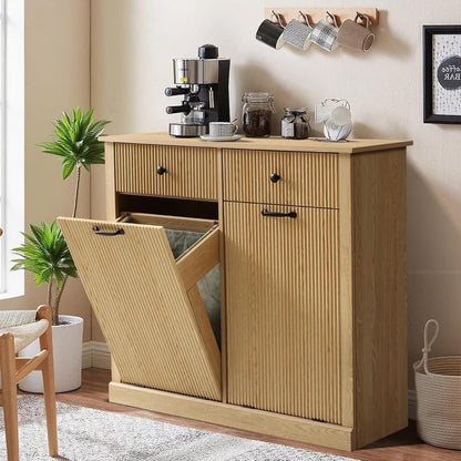 Haverchair Double Tilt Out Laundry Hamper Cabinet, Modern Fluted Trash Can Cabinets with Drawer, Wooden Hidden Garbage Cabinet for Kitchen and Bathroom