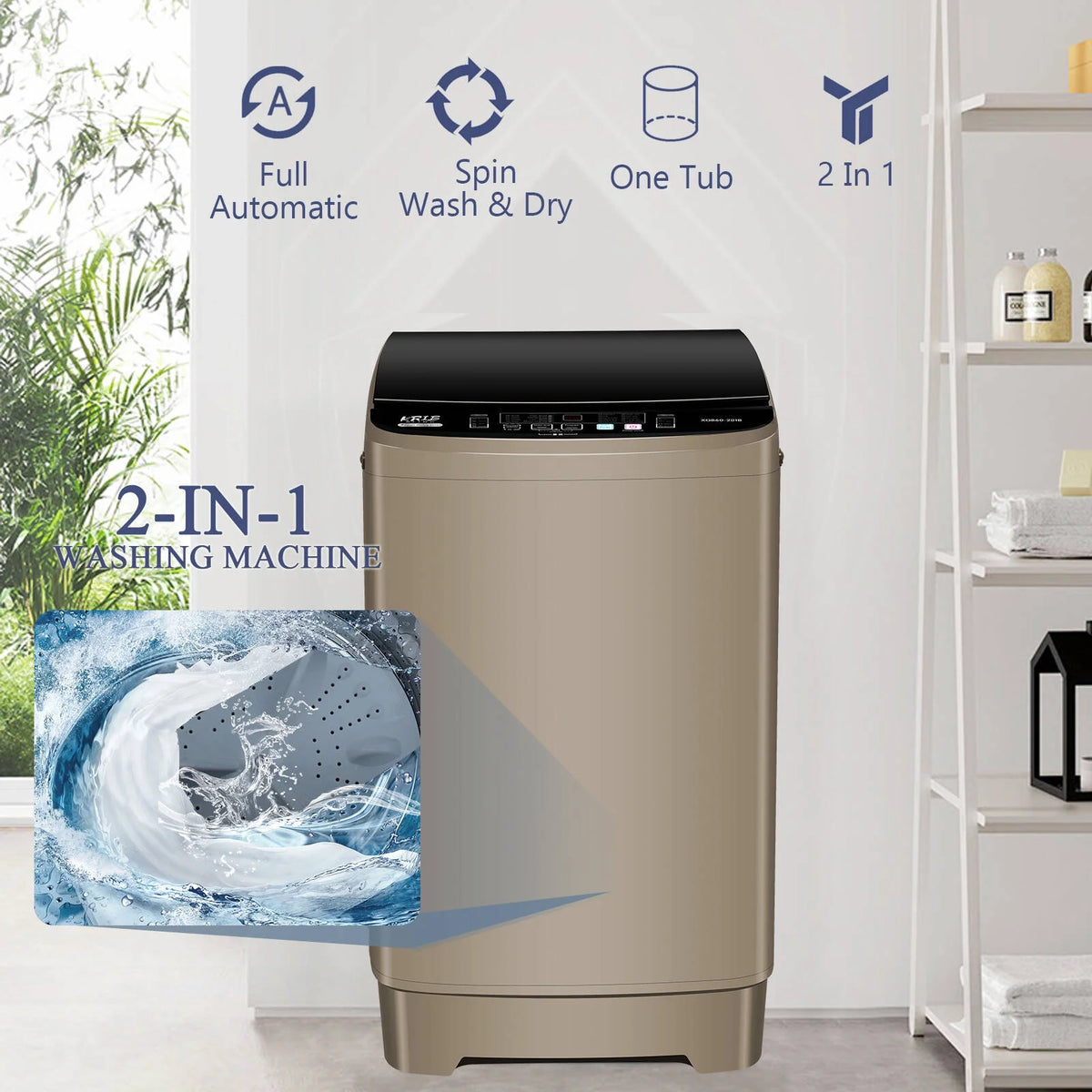 Krib B Full Automatic Washing Machine with Drain Pipe, 17.7 lbs Portable Washers with 10 Programs & 8 Water Levels, Suitable for Apartment, Dorm, Grey