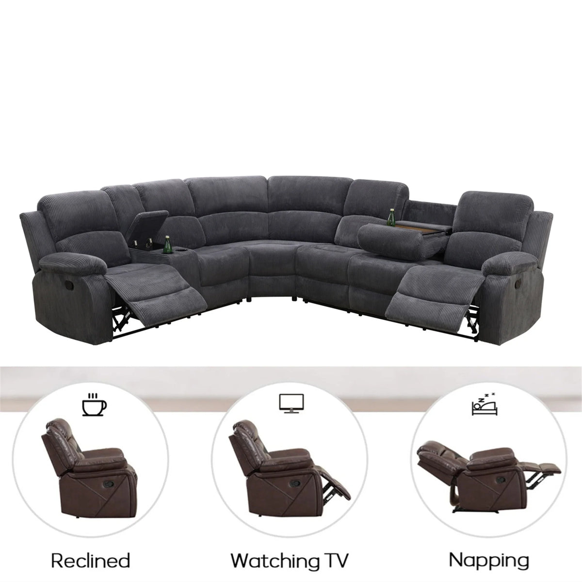 Aukfa 3-Piece Recliner Sofa Set, 6 Seat Sectional Couch with Cup Holders&Storage Console, Gray