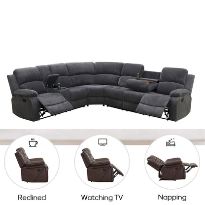 Aukfa 3-Piece Recliner Sofa Set, 6 Seat Sectional Couch with Cup Holders&Storage Console, Gray