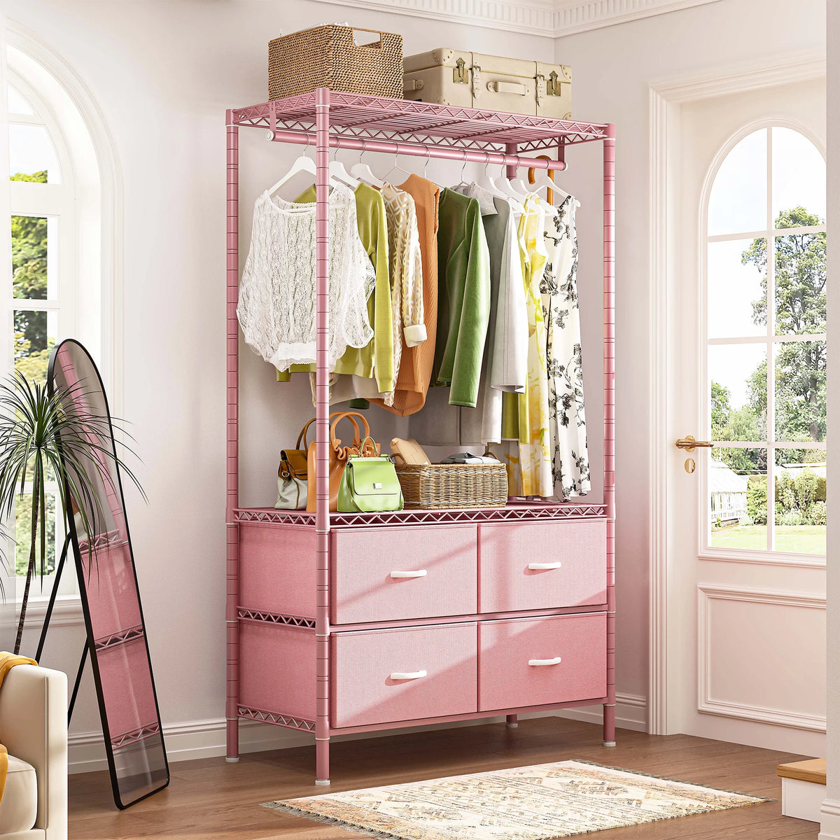 71" H Clothes Rack with Fabric Drawers, Freestanding Garment Rack with Metal Wire Shelf, Pink