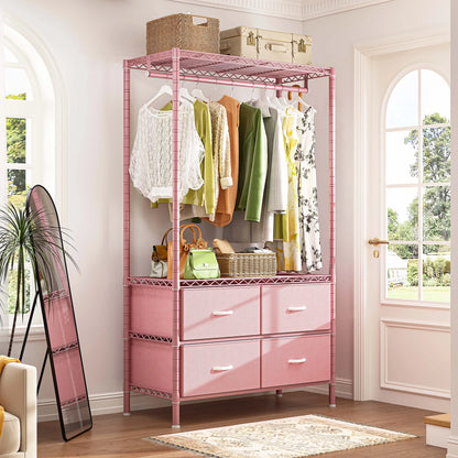 71" H Clothes Rack with Fabric Drawers, Freestanding Garment Rack with Metal Wire Shelf, Pink