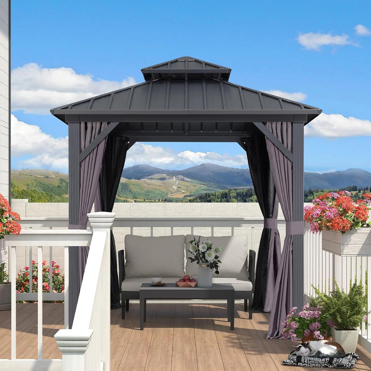 PURPLE LEAF 8' X 8' Gazebo Outdoor Gazebo Permanent Hardtop Gazebo with Galvanized Steel Double Roof for Patio Backyard Deck Aluminum Gazebo with Netting and Curtains Grey