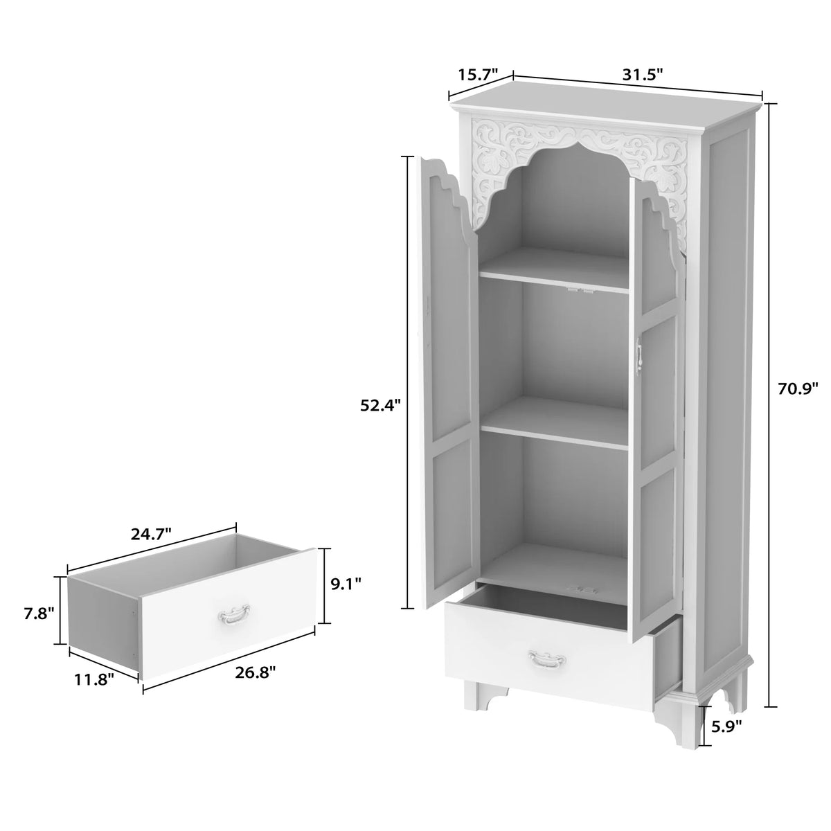 KULAGAGA 70.9-Inch Kitchen Pantry Cabinet with 3 Shelves & Drawer,Corner Storage Display with Carved Glass Doors for Dining Room, White