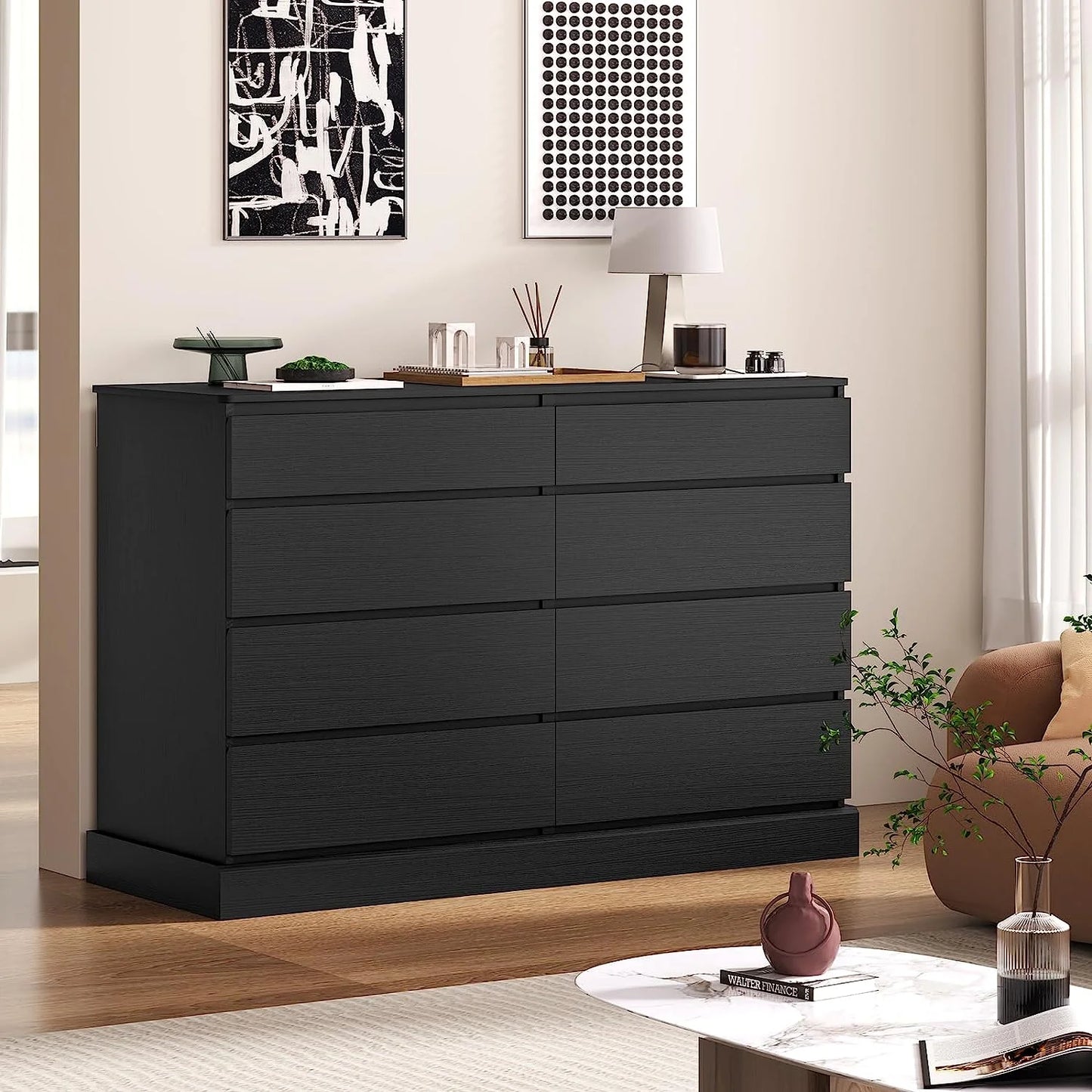 8 Drawers Double Dresser Wooden Black Chest of Drawers for Bedroom, Large Storage Cabinet for Home Living Room
