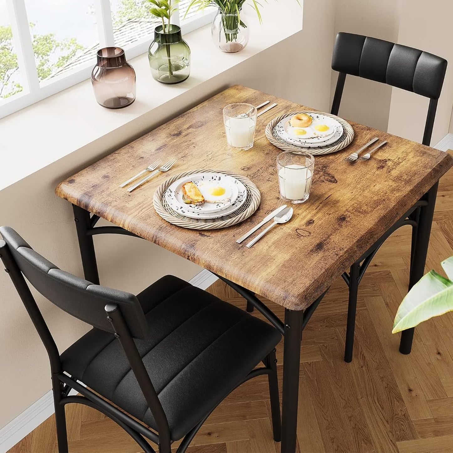 Dining Table Set for 2, Kitchen Table and Chairs for 2 with Upholstered Chairs, 3 Piece Dining Room Table Set, Square Kitchen Table Set for Small Space, Apartment, Studio