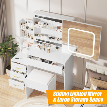 Vanity Desk with Sliding Mirror and Lights, Makeup Vanity Set with 4 Drawers, Stool, Power Outlet, Open Shelves, 3 Color Adjustable Lighting Modes, Makeup Dressing Table for Bedroom, White