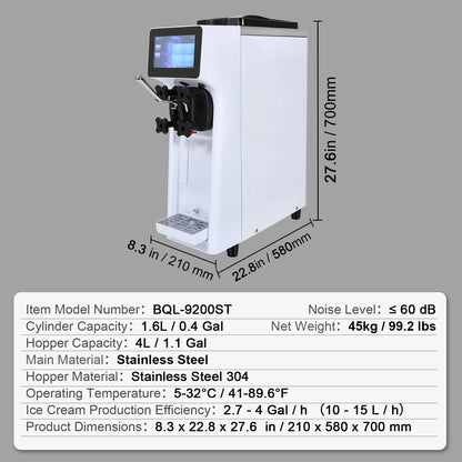 KFFKFF Commercial Ice Cream Machine Output of 10.6 QT/H, 1000W Single Taste Tabletop Soft Serve Ice Cream Device, 4L Reservoir 1.6L Cylinder, Digital Screen Automatic Cleaning Pre-chilling