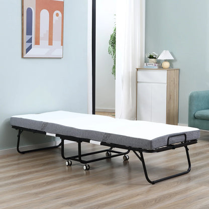 HOMCOM Folding Bed with 4" Mattress, Portable Foldable Guest Bed with Wheels