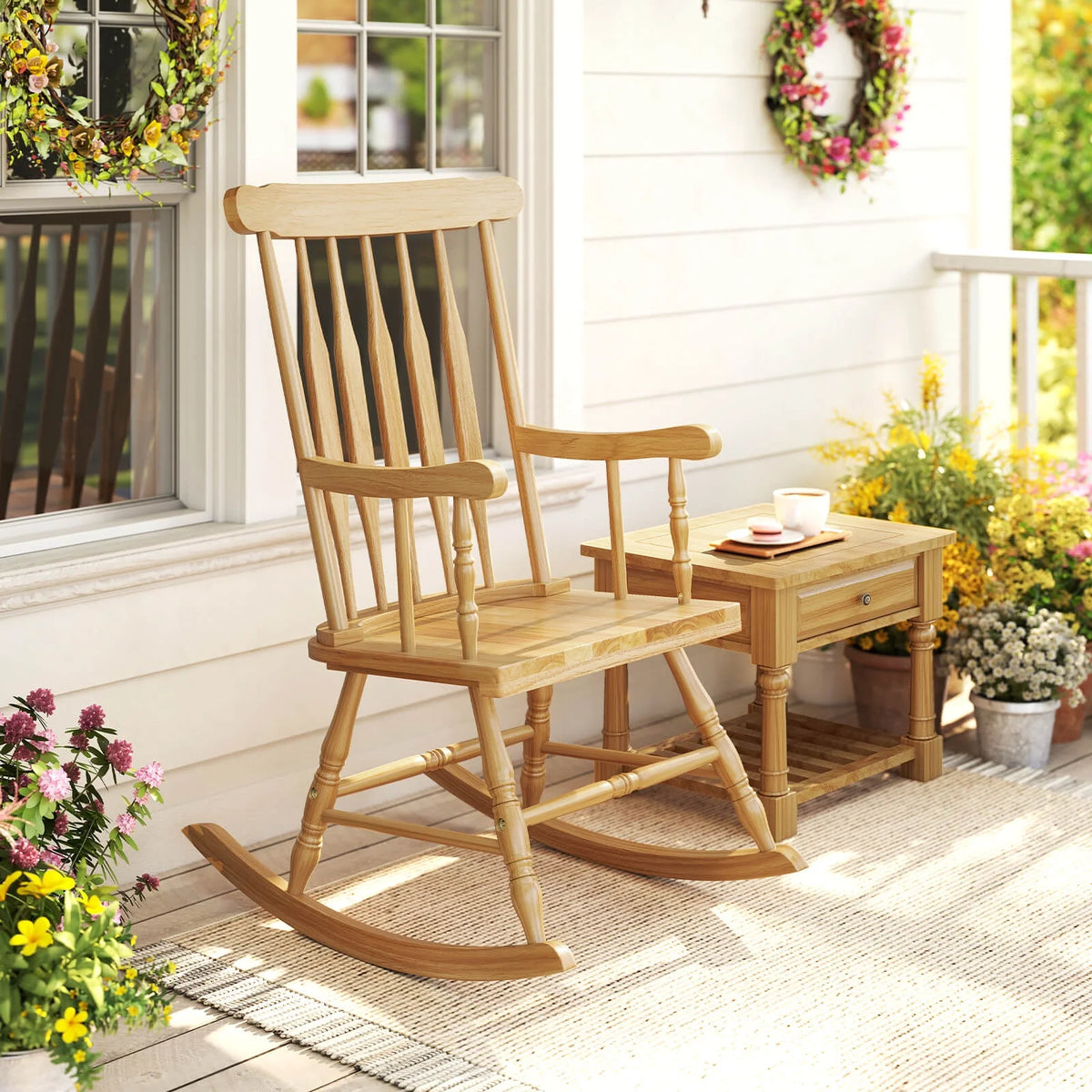 Costway Solid Wood Rocking Chair Porch Rocker Indoor Outdoor Seat Glossy Finish White