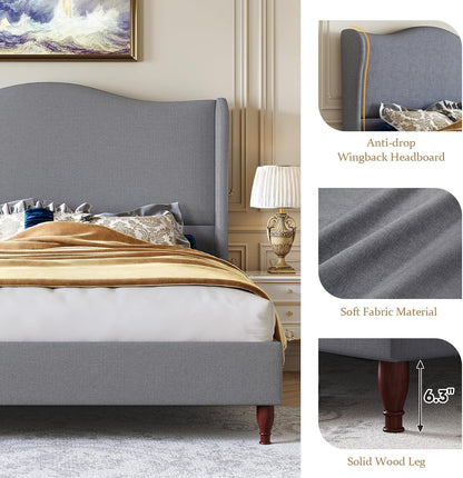 Neche Queen Upholstered Bed Frame with 51" Tall Headboard Classic Curved Wingback Platform Bed with Soft Fabric, Retro Simple Sleigh Bedframe No Box Spring Needed/Easy Assembly, White