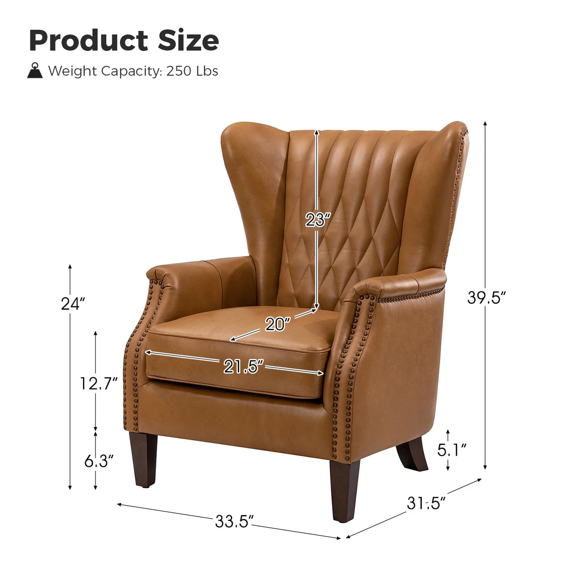 Traditional Genuine Leather Accent Chair with Nailhead Trim Tufted Armchair for Living Room Camel