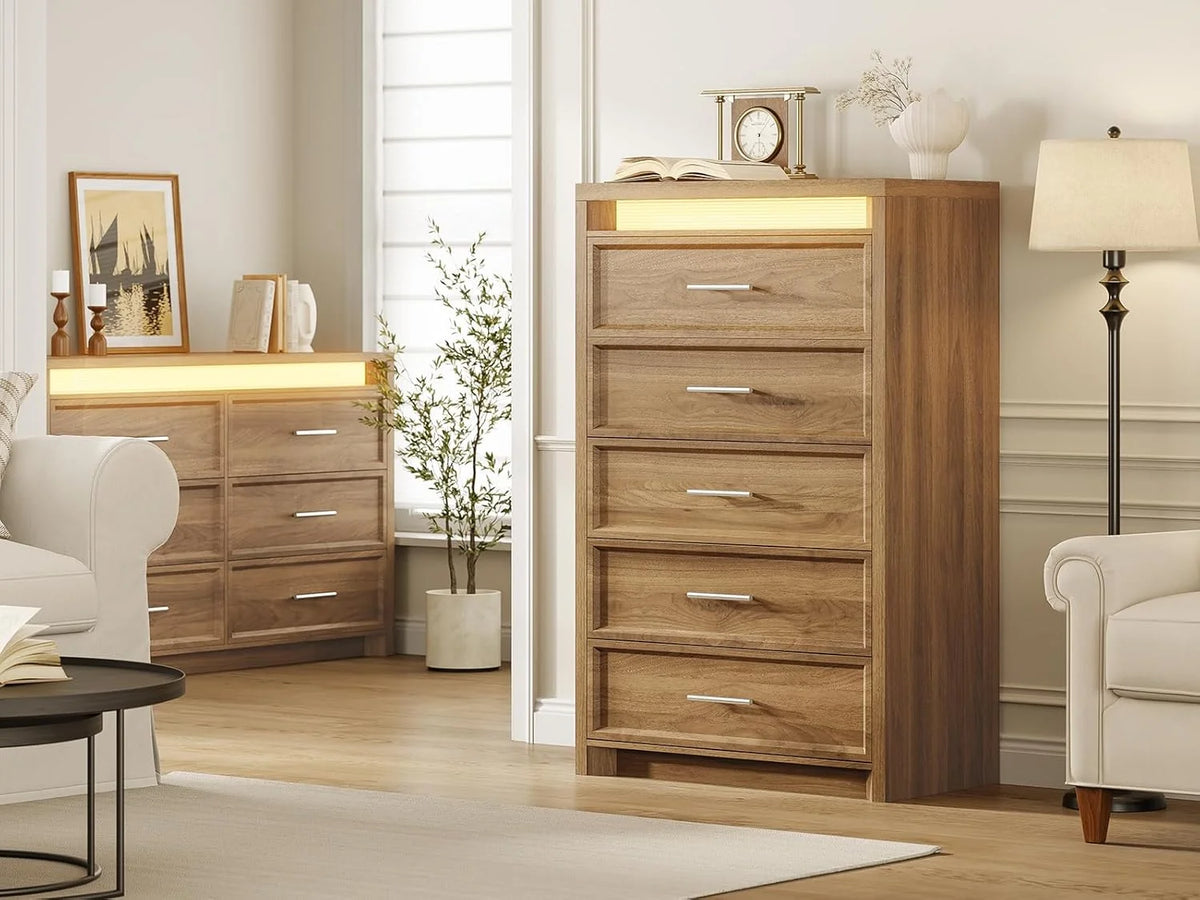 AOGLLATI Mid-Century Modern Dresser for Bedroom with 5 Drawer, Dressers& Chests of Drawers, 44.5�� Tall Wood Dresser with 3 Color Lights for Bedroom, Wood