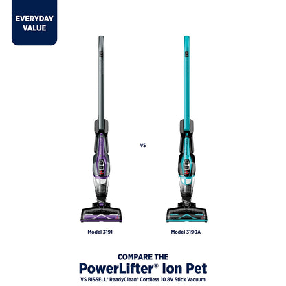 BISSELL PowerLifter Ion Pet Cordless Stick Vacuum, Carpet, Area Rugs, Hard Floor, Upholstery, 2 Way Fold Handle, Freestanding, Removeable Hand Vac, 3191, Purple