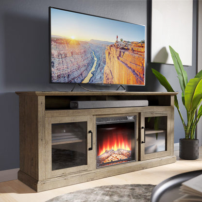 BELLEZE 60" TV Stand with 18" Electric Fireplace, Traditional TV Stand for TVs up to 65", Modern Media Entertainment Center Console Table with Open Storage Shelves & Cabinets - Cayman (Rustic Grey)