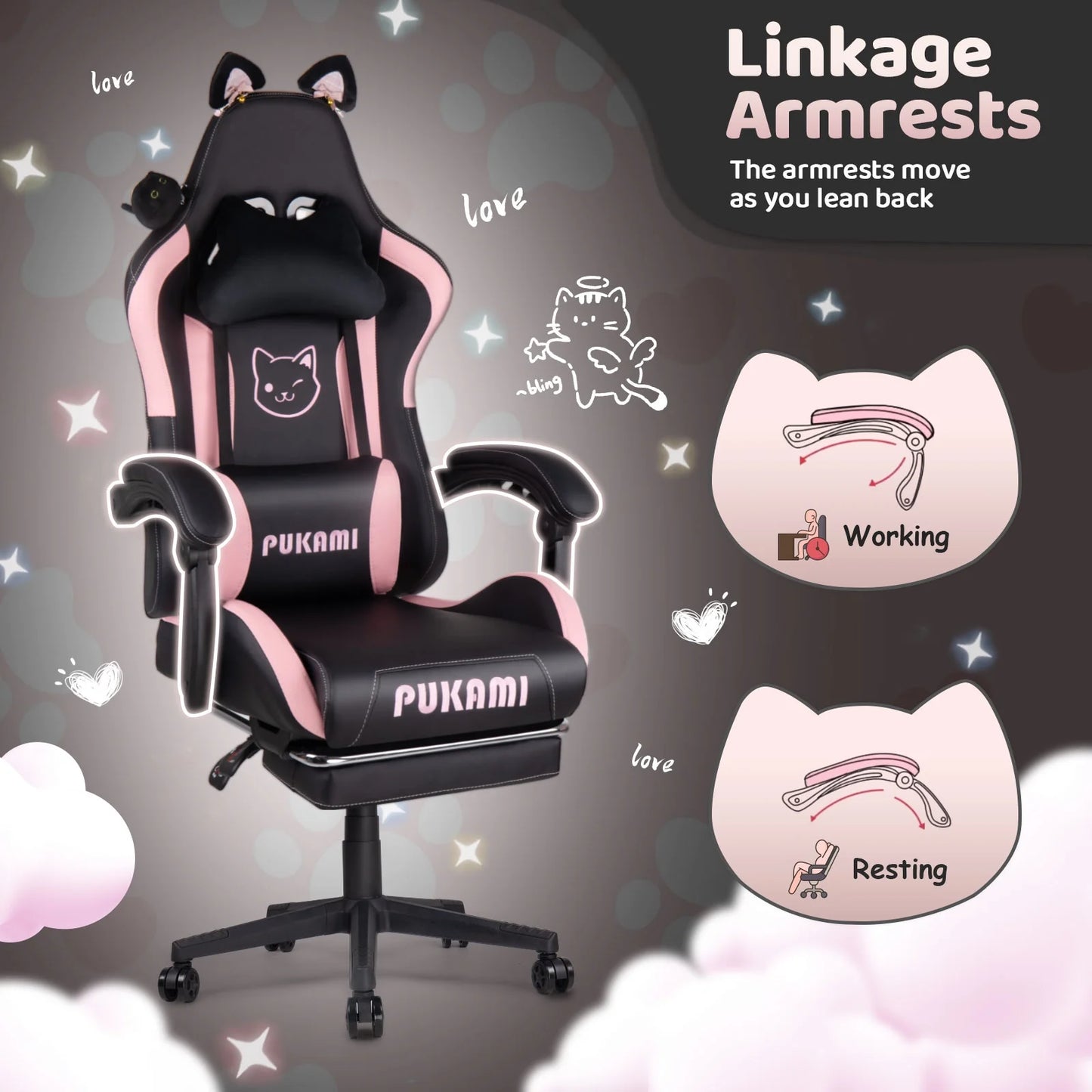 Waleaf Pink Gaming Chair with Cat Paw Lumbar Cushion and Cat Ears for Girls, Reclining Office Computer Chair with Footrest for Adults, Teens