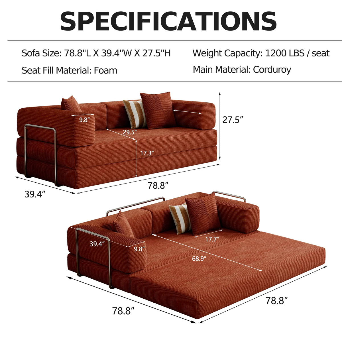Convertible Sleeper Sofa Bed,Compressed Floor Boneless Couch,Modular Modern Corduroy Sofa for Living Room Bedroom -with Fixed-Shape Frame and Support Armrest,Easy Assembly(Green)