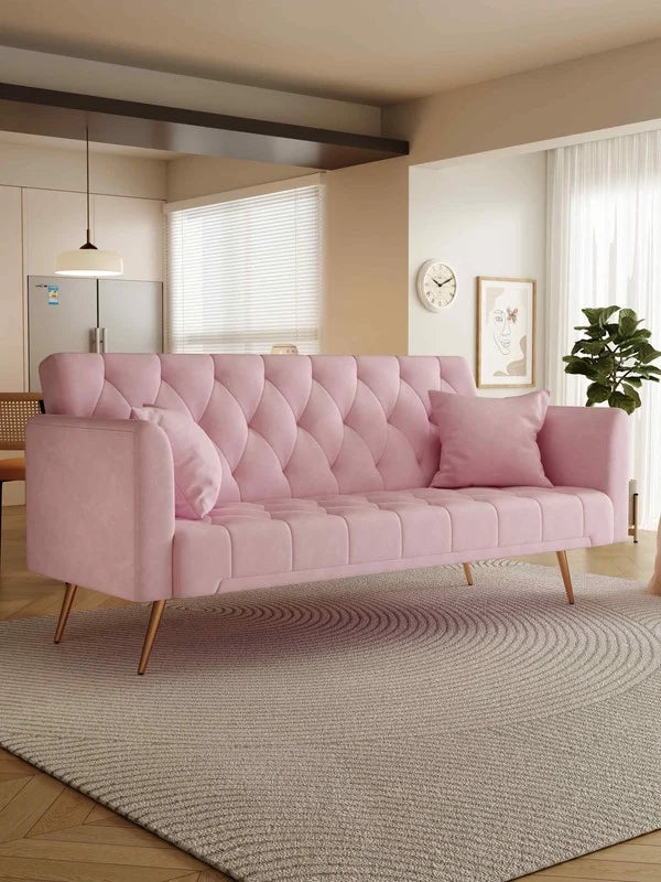 FFH Modern Corduroy Futon Sofa Bed with Adjustable Backrest,Convertible Loveseat Sleeper,Soft Couch with Drop-Down Table and Cup Holder for Living room,Pink