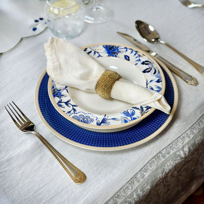 STP GOODS Melodie de Fleurs Bone China Dinnerware Set of 24 Service for 6 24-Piece Dish Set of Plates and Bowls, Blue Gold White