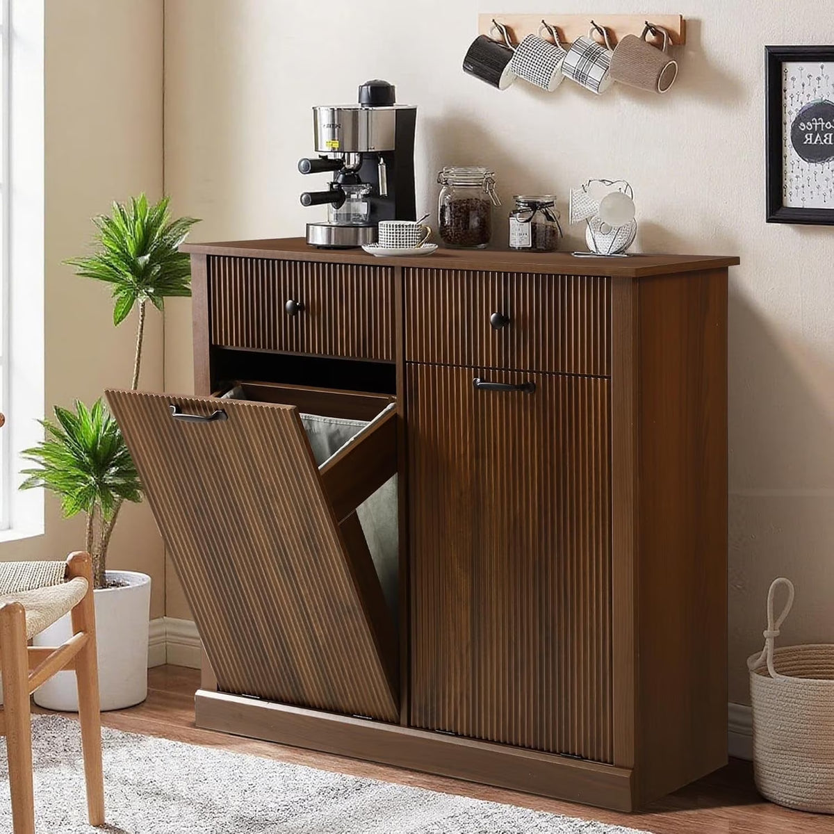 Haverchair Double Tilt Out Laundry Hamper Cabinet, Modern Fluted Trash Can Cabinets with Drawer, Wooden Hidden Garbage Cabinet for Kitchen and Bathroom