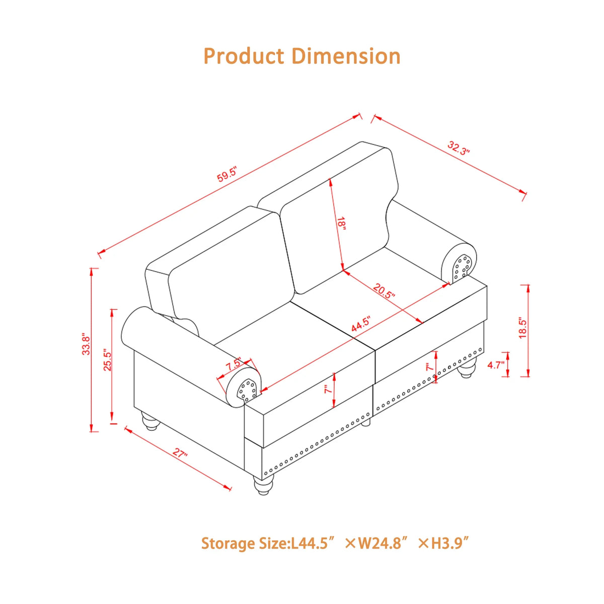 2 Piece Living Room Sofa Set, Modern Leather 3 Seater and Loveseat Sofa with Storage Seats and Rolled Nails Arms for Living Room, Brown