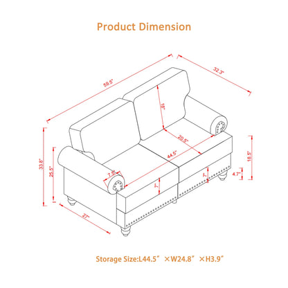 2 Piece Living Room Sofa Set, Modern Leather 3 Seater and Loveseat Sofa with Storage Seats and Rolled Nails Arms for Living Room, Brown