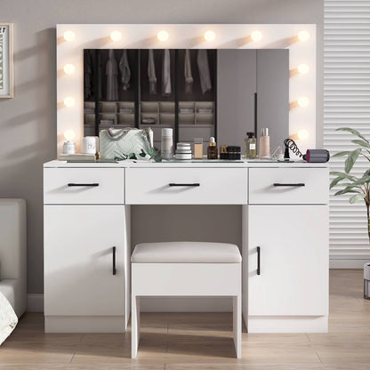 Ktaxon Large Makeup Vanity, Vanity Table Set w/ Visible Glass Top w/ Charging Station, White