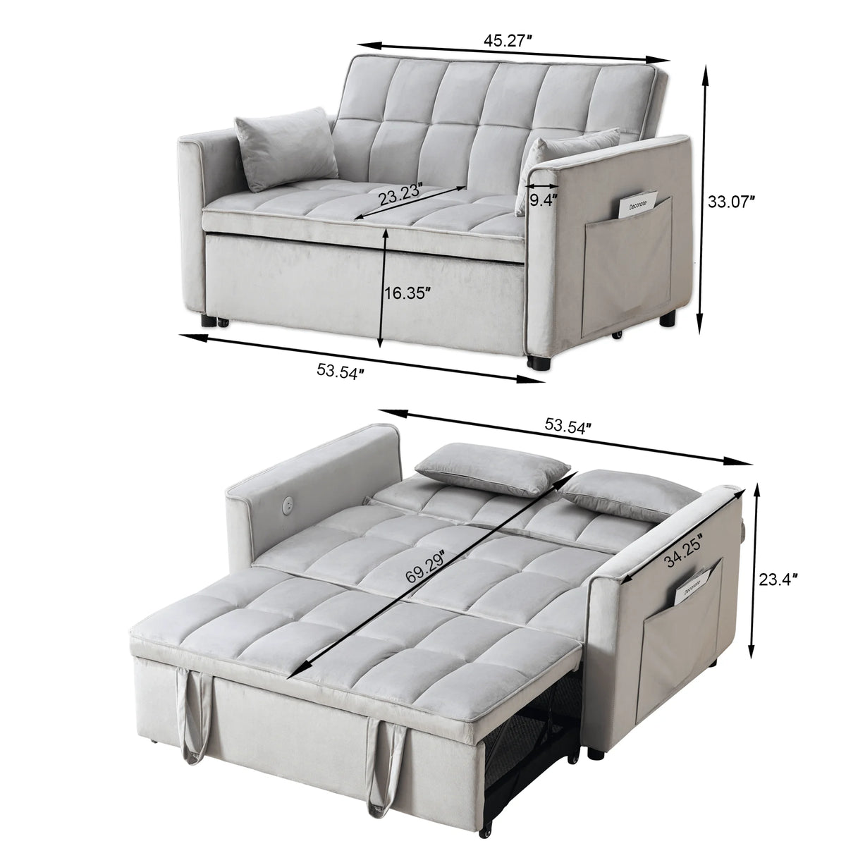 Velvet 3-in-1 Convertible Sofa Bed �C USB Charging, Adjustable Backrest Pull-Out Couch Loveseat Sleeper for Living Room, Apartment & Small Space,Black