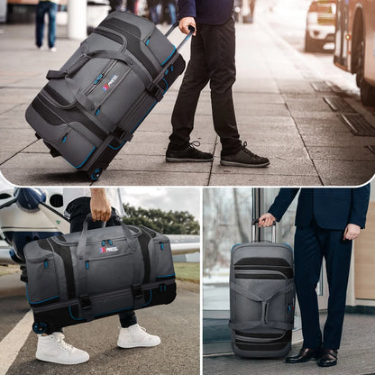 Rolling Duffle Bag with Drop Bottom,Large Wheeled Duffle Bag Luggage,Trolly Travel Bag with Roller 30 Inch,TBL074-Grey/Red