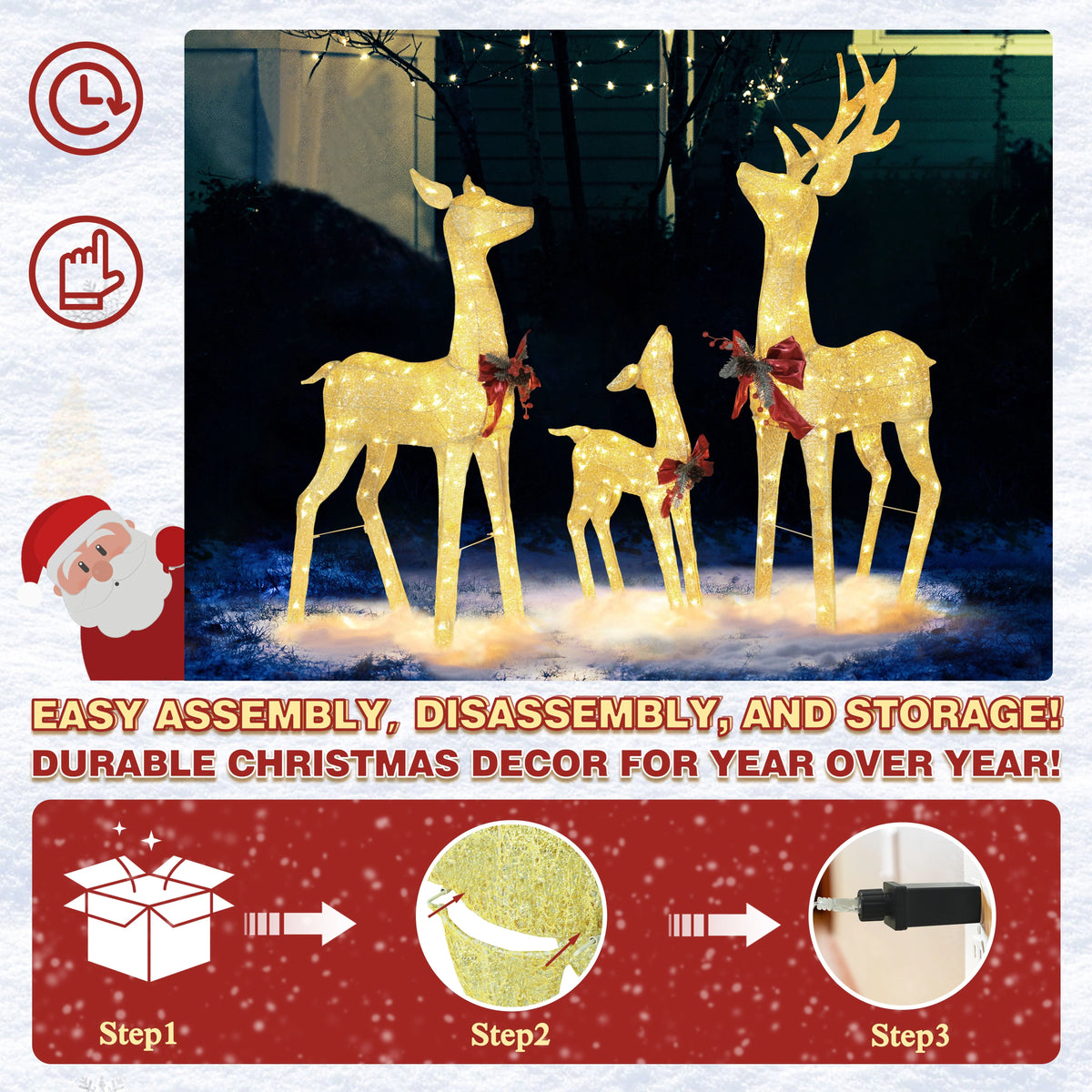 VEIKOUS Christmas Lighted Deer Family Set Outdoor Decor w/ 200 Warm Lights Reindeer Christmas Decor, Ground Stakes and Zip Ties, Gold
