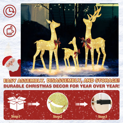 VEIKOUS Christmas Lighted Deer Family Set Outdoor Decor w/ 200 Warm Lights Reindeer Christmas Decor, Ground Stakes and Zip Ties, Gold