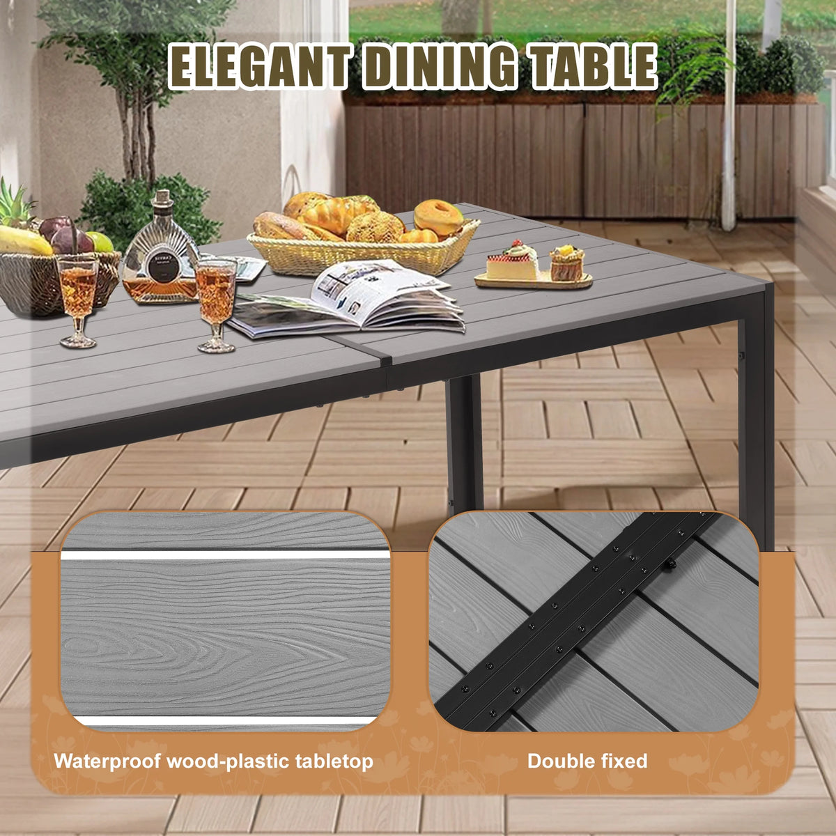 7 Piece Outdoor Dining Set, Patio Dining Table Set for 6 Persons, Garden Patio Textilene Dining Furniture Set with Plastic-Wood Tabletop, Dining Table Chairs Conversation Set for Deck Patio