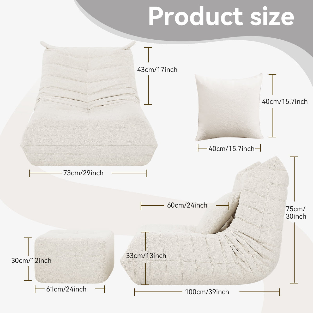 VFD Bean Bag Chairs for Adults, Beanbag Chair with Ottoman Lounge Sofa Memory Foam Comfy Reading Chair for Bedroom & Living Room, Lazy Floor Sofa Couch