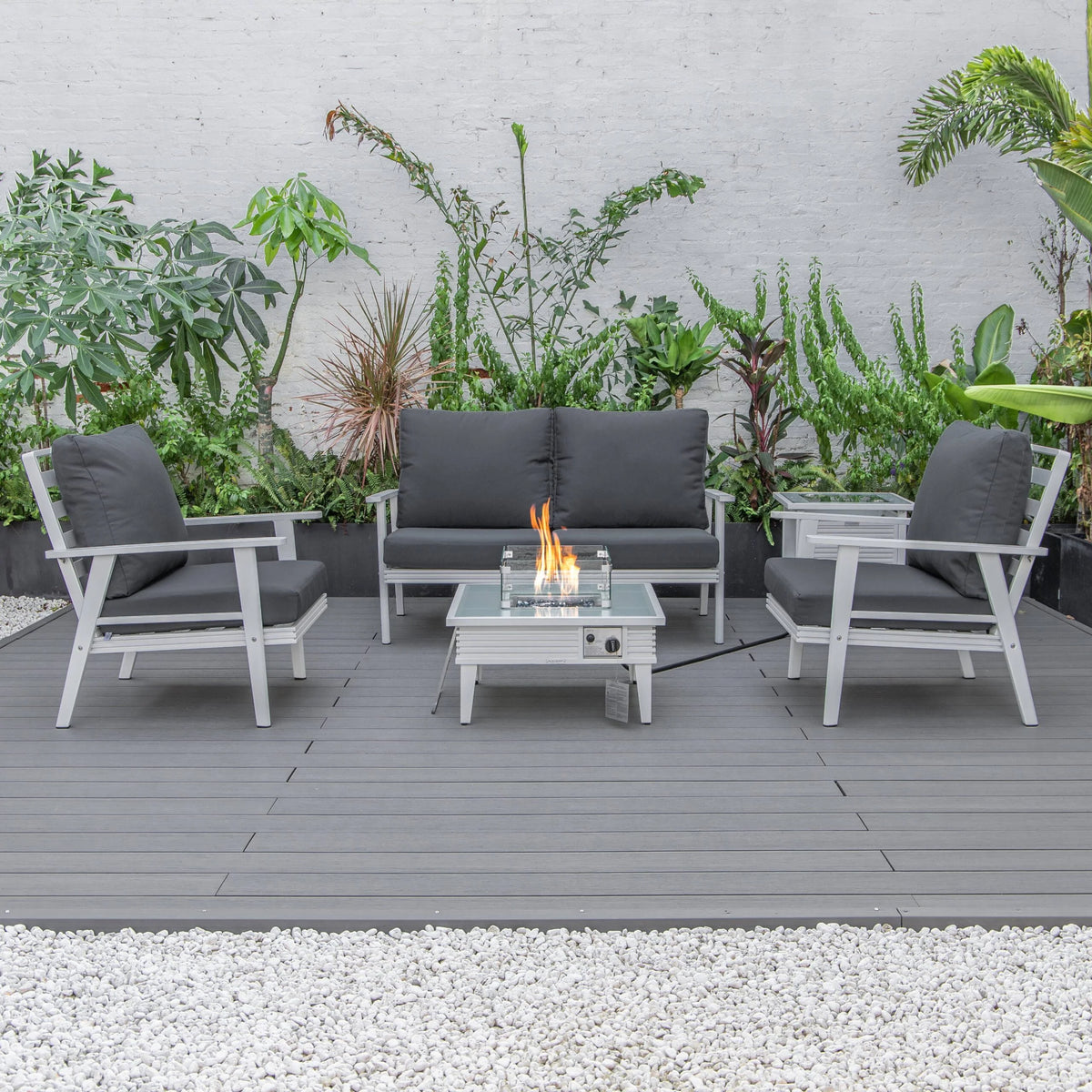 LeisureMod Walbrooke Modern Aluminum 5-Piece Patio Conversation Set with Outdoor Square Fire Pit Table with Slats Design & Side Table Tank Holder (Green)