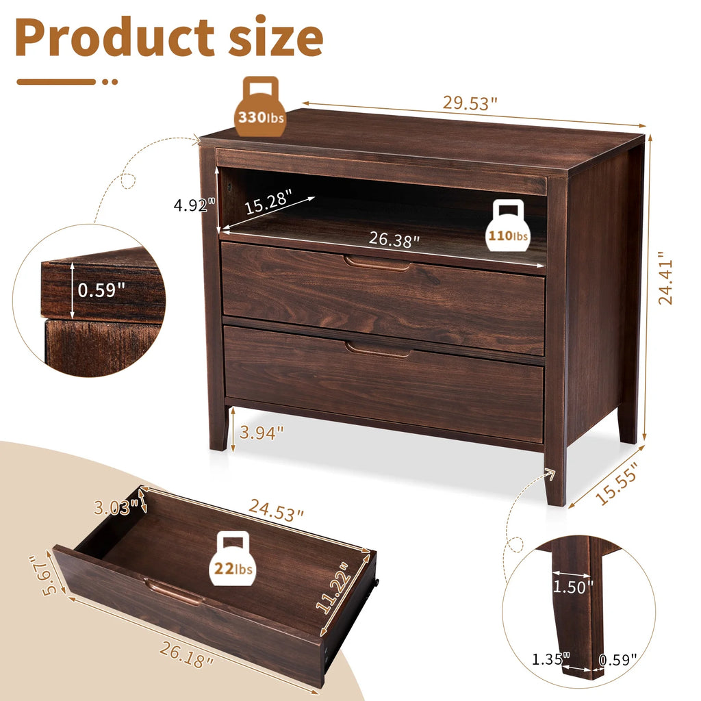 UBesGoo Nightstand 2 Drawer Dresser Side Table, Soild wood & MDF with Solid Wood Veneer, Brown