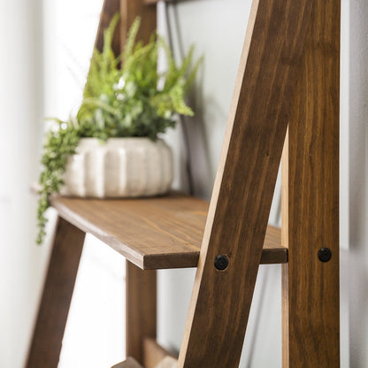 Walker Edison Solid Wood 4-Shelf Ladder Bookshelf, Brown