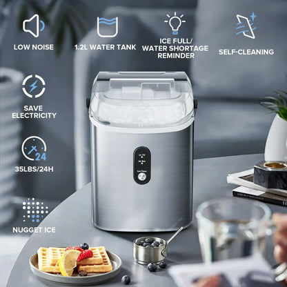 Auseo SS Nugget Countertop Ice Maker with Soft Chewable Ice, 35Lbs/24H, Self-Cleaning, Ice Scoop, Stainless Steel Silver, for Kitchen/Office/Party
