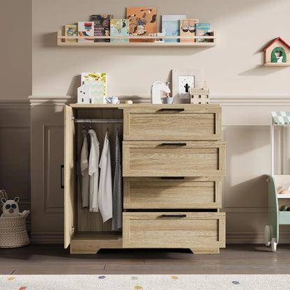 43.3" H Armoire Wardrobe Closet with 4 Drawers & Hanging Rod, Multifunctional Wood Storage Cabinet for Bedroom, Natural Oak