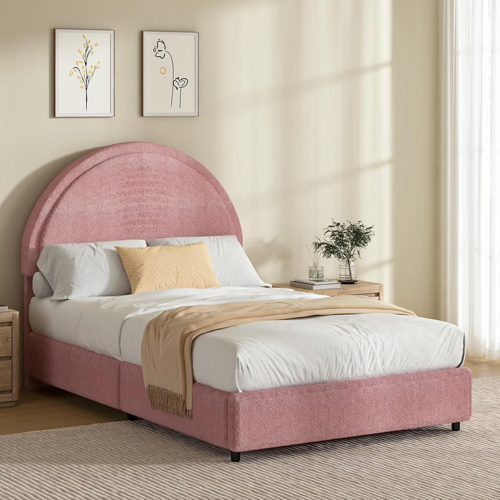 4 EVER WINNER Queen Size Bed Frame, Boucle Upholstered Bed Frame with Headboard, White Queen Bed Frame, White