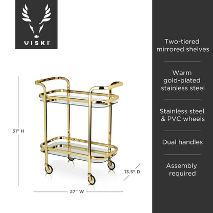 Viski Stainless Steel Bar Cart with Wheels, Mirror Shelves, Home Bar, Gold