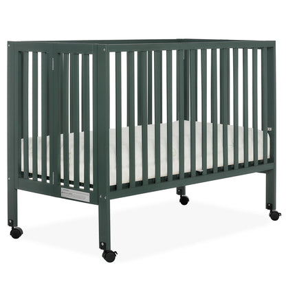 Dream On Me Quinn Full-Size Folding Crib. Removable Wheels. Modern Nursey. Adjustable Mattress Support. Patent Folding System in Olive