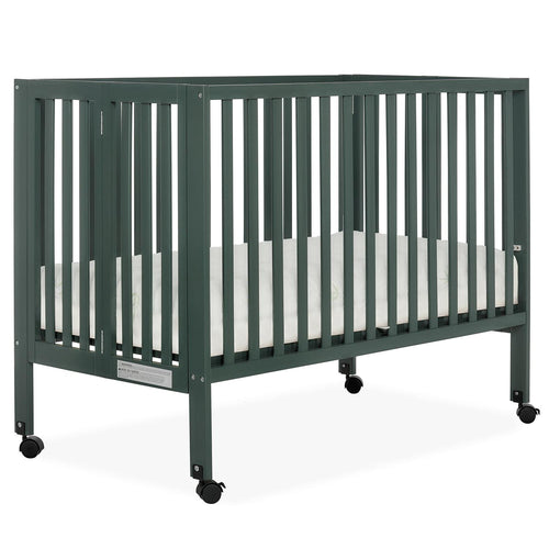Dream On Me Quinn Full-Size Folding Crib. Removable Wheels. Modern Nursey. Adjustable Mattress Support. Patent Folding System in Olive