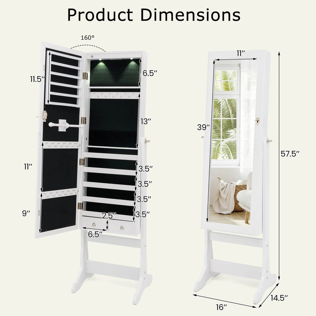Costway Contemporary MDF Jewelry Cabinet with LED Lights in Brown