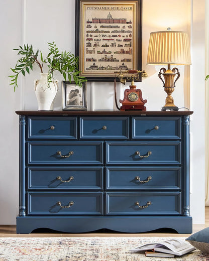 ZBOM 9 Drawer Dresser, 54 Inch Wide Farmhouse Style Chest of Drawers with Charging Station, Distressed Finish Design, Modern Storage Dresser Organizer TV Stand for Bedroom, Living Room