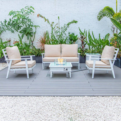 LeisureMod Walbrooke Modern Aluminum 5-Piece Patio Conversation Set with Outdoor Square Fire Pit Table with Slats Design & Side Table Tank Holder (Green)