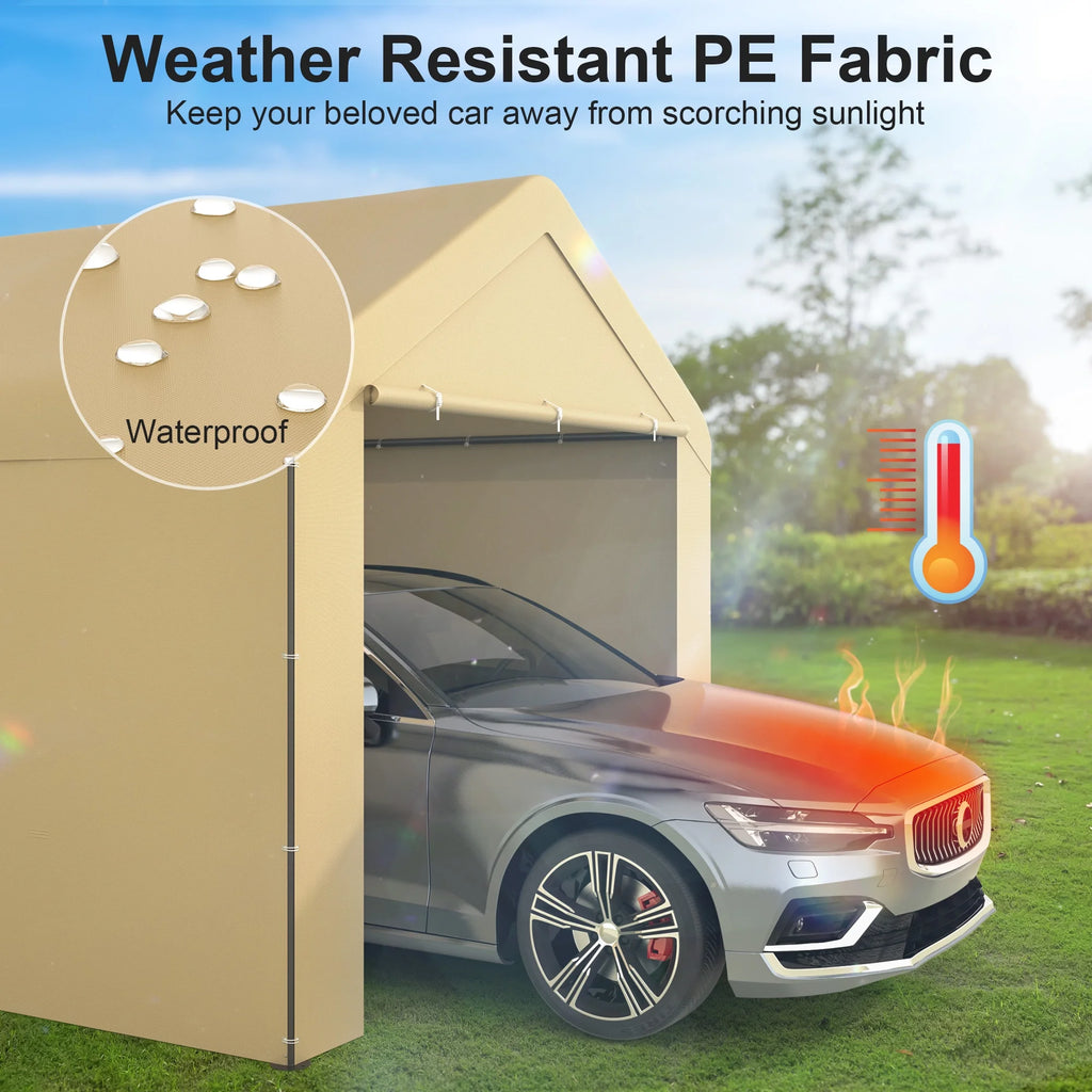 GOJOOASIS Carport, 10 x 20 Heavy Duty Carport Canopy with Removable Sidewall, Water-Resistant Portable PE Garage with All-Season Tarp Beige